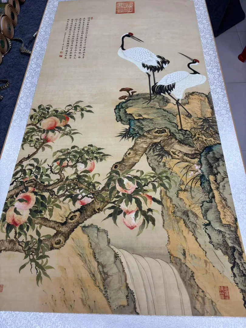 汝安文化 清代 邹一桂《蟠桃双鹤》尺寸185*72 高清复刻