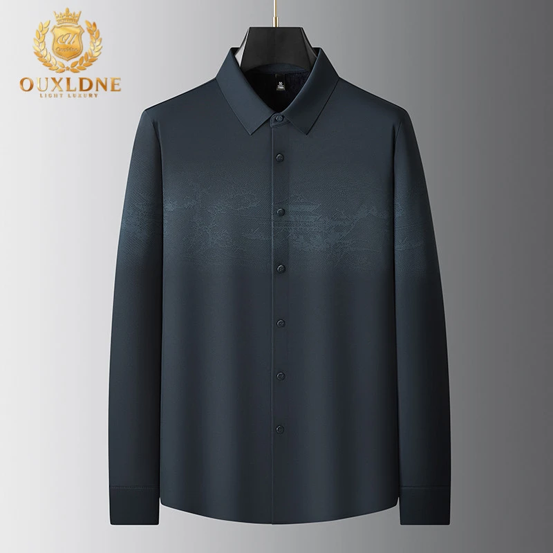 OUXLDNE 中老年男装爸爸装冬季加绒加厚衬衫休闲商务免烫衬衣长袖