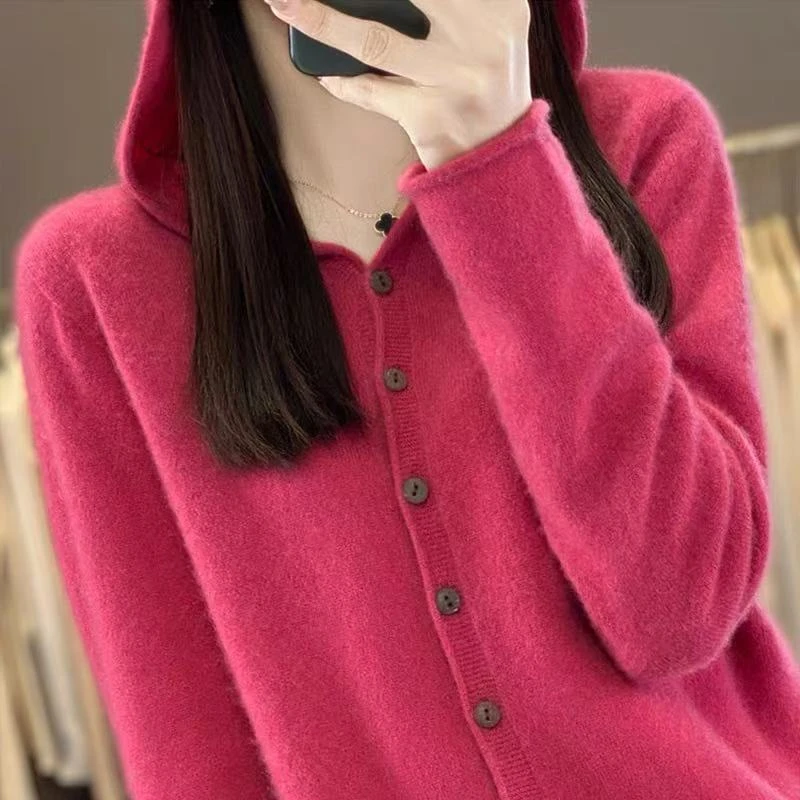 100羊毛连帽针织开衫女外搭宽松韩版毛衣外套系扣外套 8818