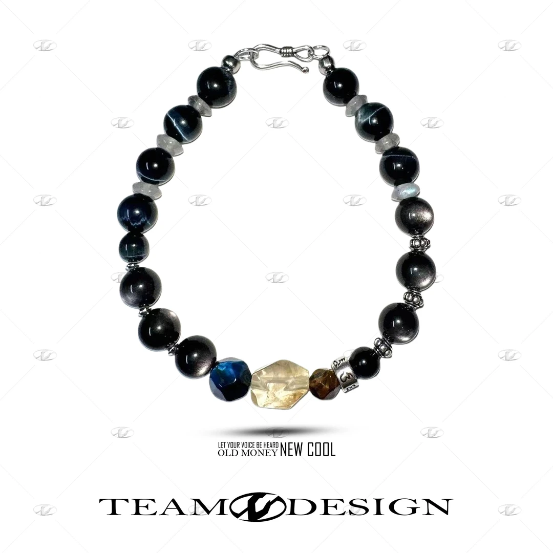 925银手链 SS53 复古蓝拼黄来财时尚百搭手工手链 6-8MM