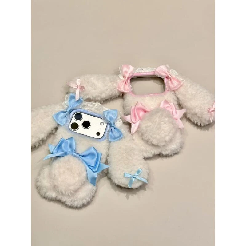 软萌可爱毛绒长耳兔子丝带适用iphone17promax苹果16p手机壳15pro