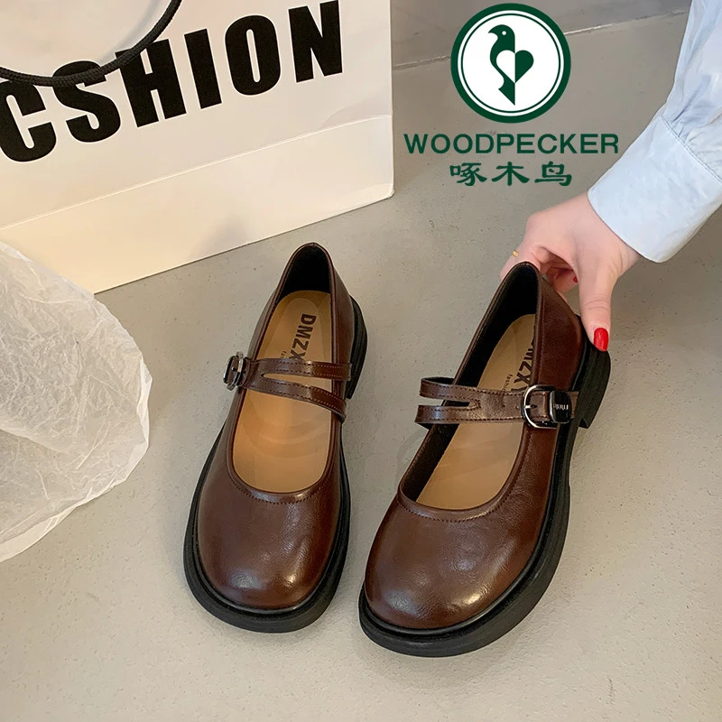 啄木鸟粗跟中跟复古玛丽珍浅口单鞋女2025年新款春季厚底jk小皮鞋