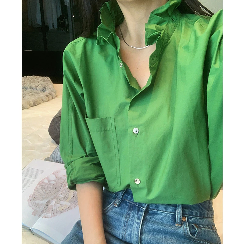 法式复古木耳边立领绿色衬衫女早春新款气质时尚廓形纯棉上衣0525