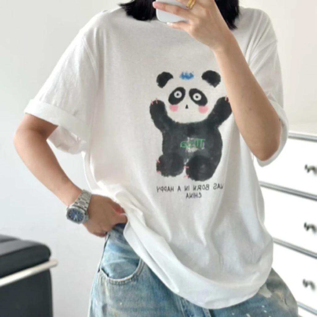 （南油娜姐）2025夏季新款：小众设计可爱小熊猫定制棉短袖T恤