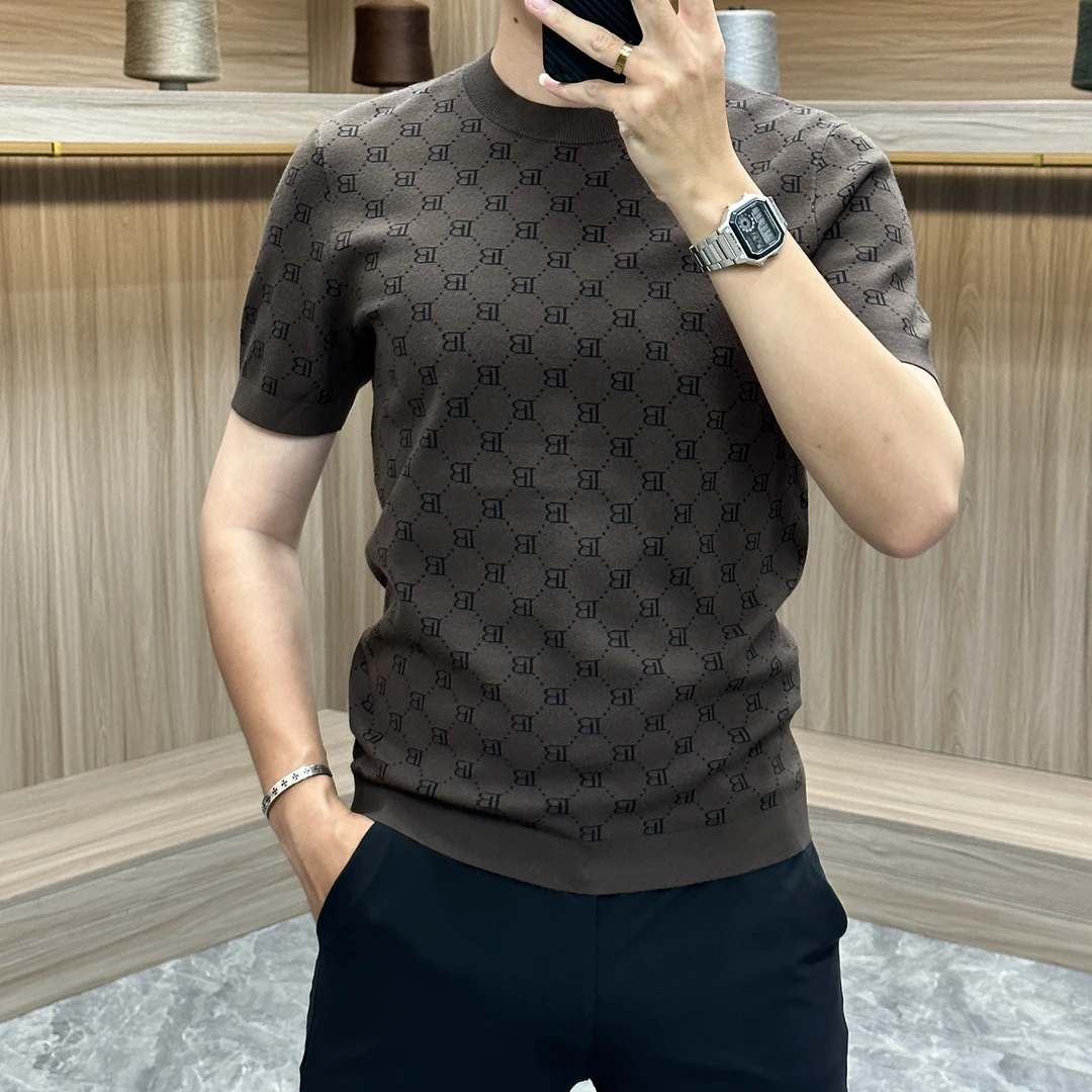 早春新男士针织衫商务休闲打底衫高级圆领字母提花百搭潮流短袖