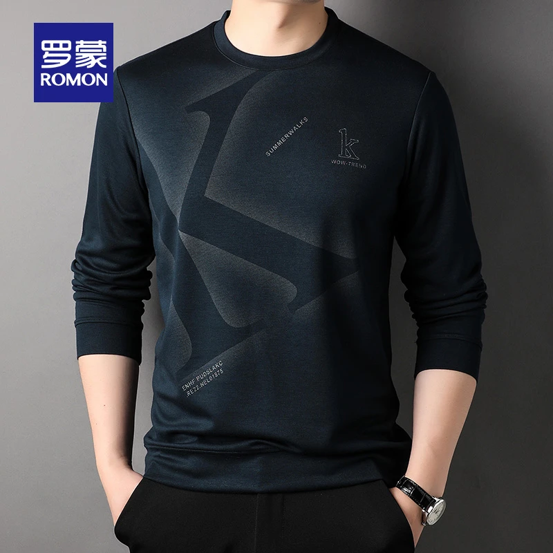 罗蒙青年男装男士长袖T恤2025秋季时尚圆领潮流休闲打底上