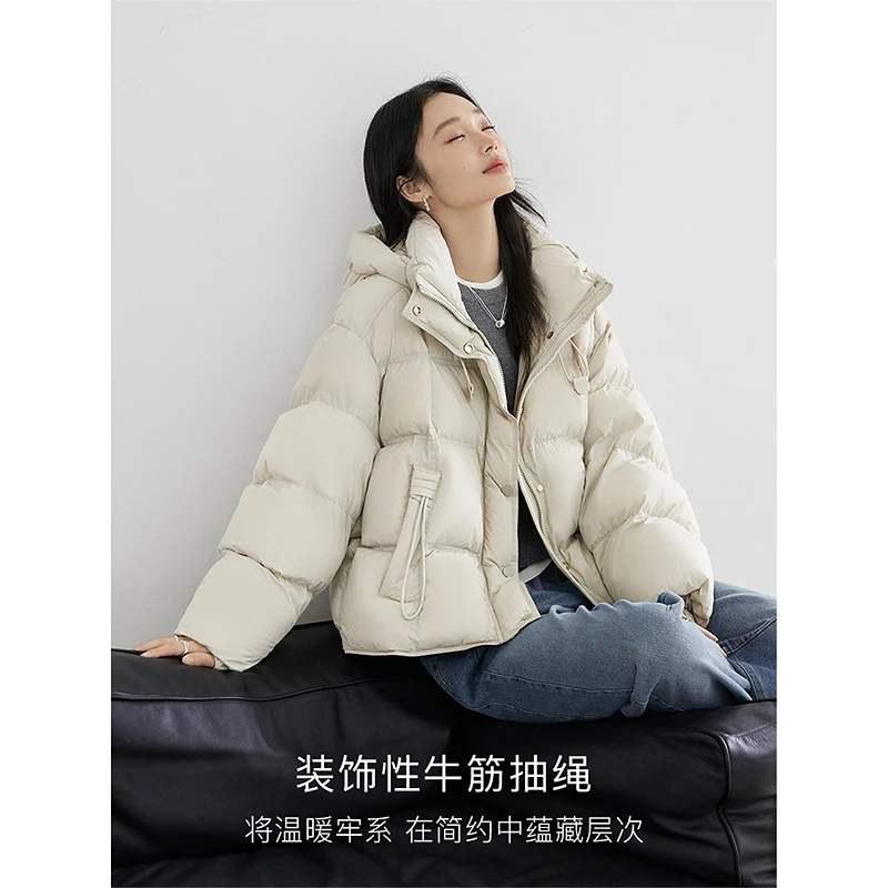 对白90白鸭绒轻盈短款羽绒服外套女2025冬新款抽绳连帽保暖面包服