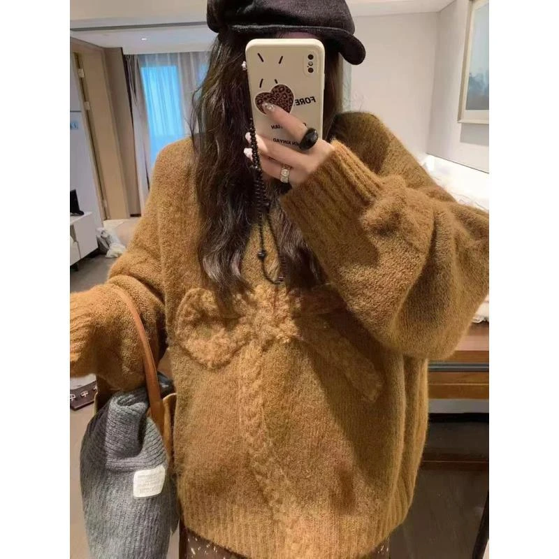 设计感手工编织立体蝴蝶结宽松套头毛衣女秋冬软糯温柔慵懒针织衫