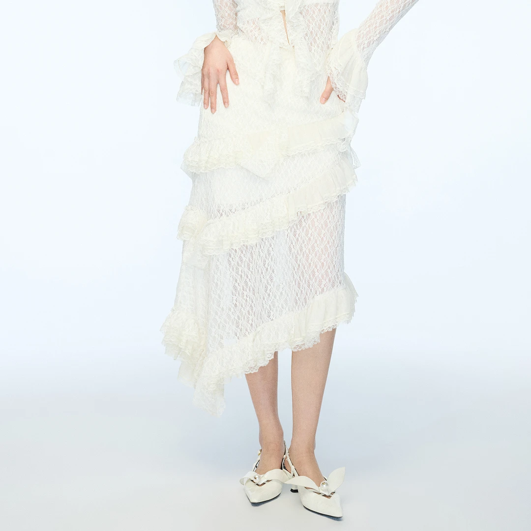 lefame拉飞姆2025秋季新款时尚层叠荷叶边蕾丝长半裙