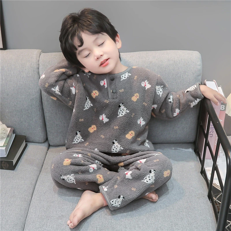 190 191 男童2025秋冬新品珊瑚米粒绒印花儿童套头家居服睡衣套装