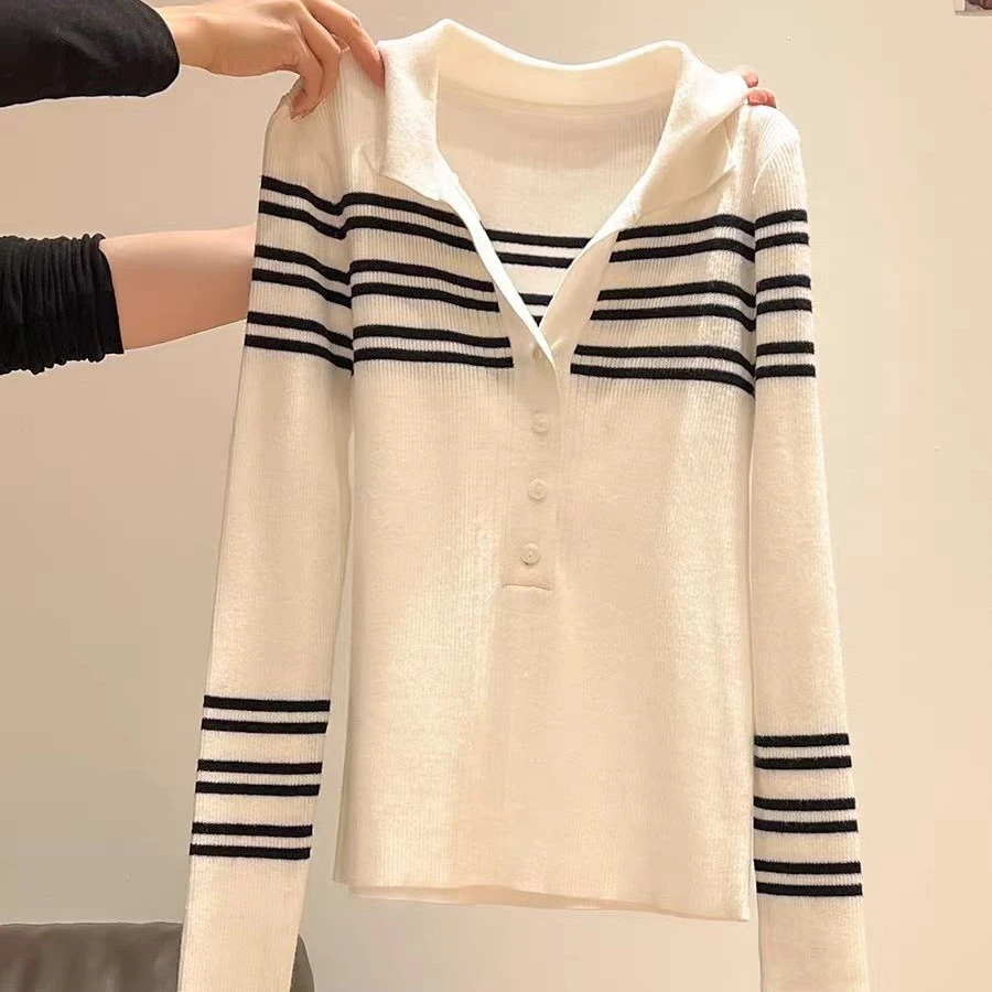 黑白条纹polo领针织打底衫女2025年秋季修身显瘦软糯气质v领上衣