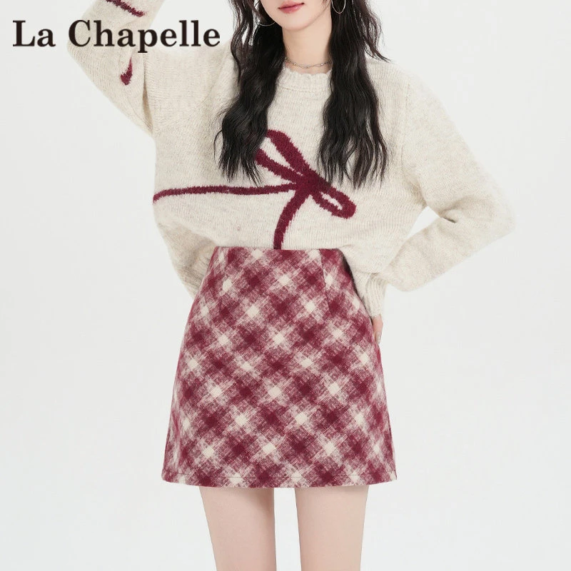 拉夏贝尔红色格纹毛呢半身裙女冬季学院风遮胯显瘦防走光包臀短裙