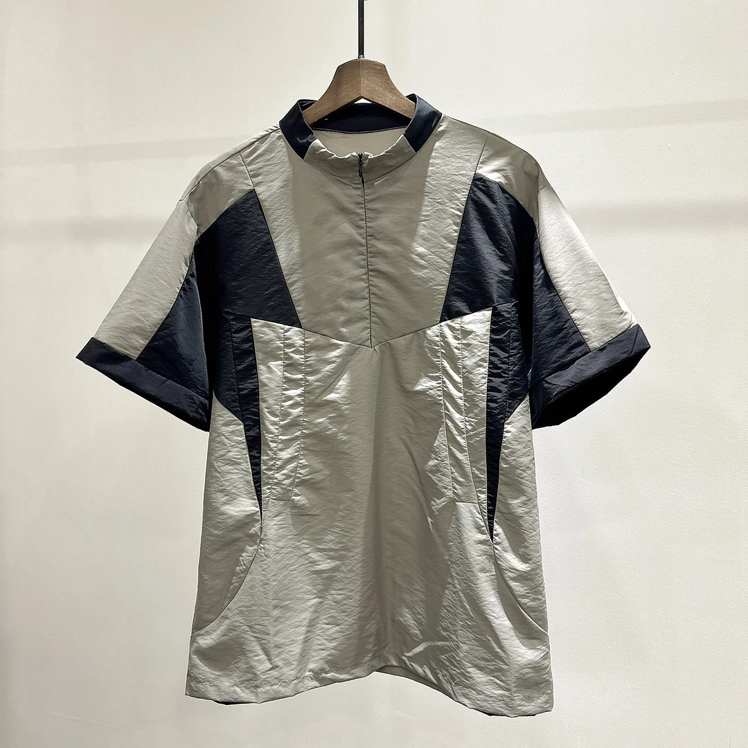 现货男士套头短袖衬衫INS宽松港风拼色设计师圆领五分袖休闲衬衣