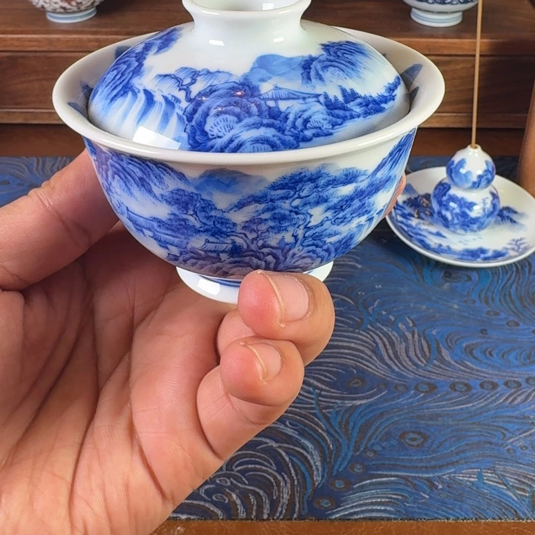 景德镇全手工手绘青花山水内外满绘两才盖碗