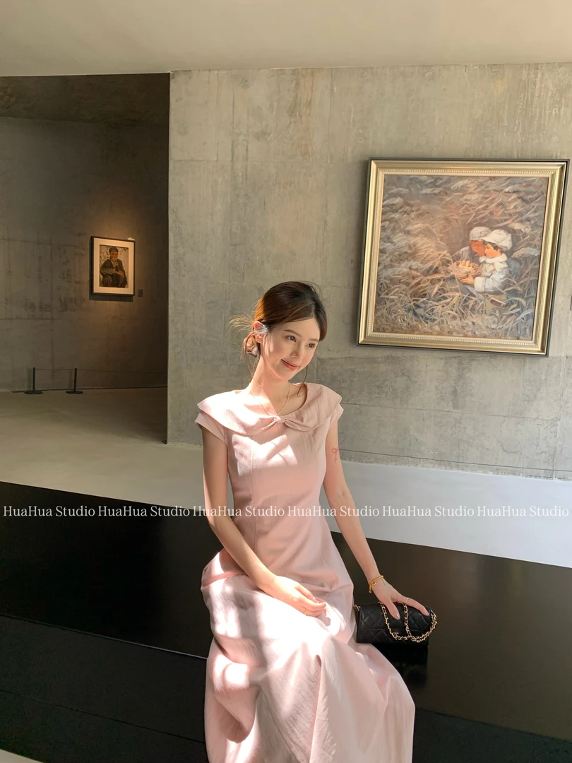 【花花】公主日记~长款版韩系蝴蝶结领子小众设计感小飞袖连衣裙