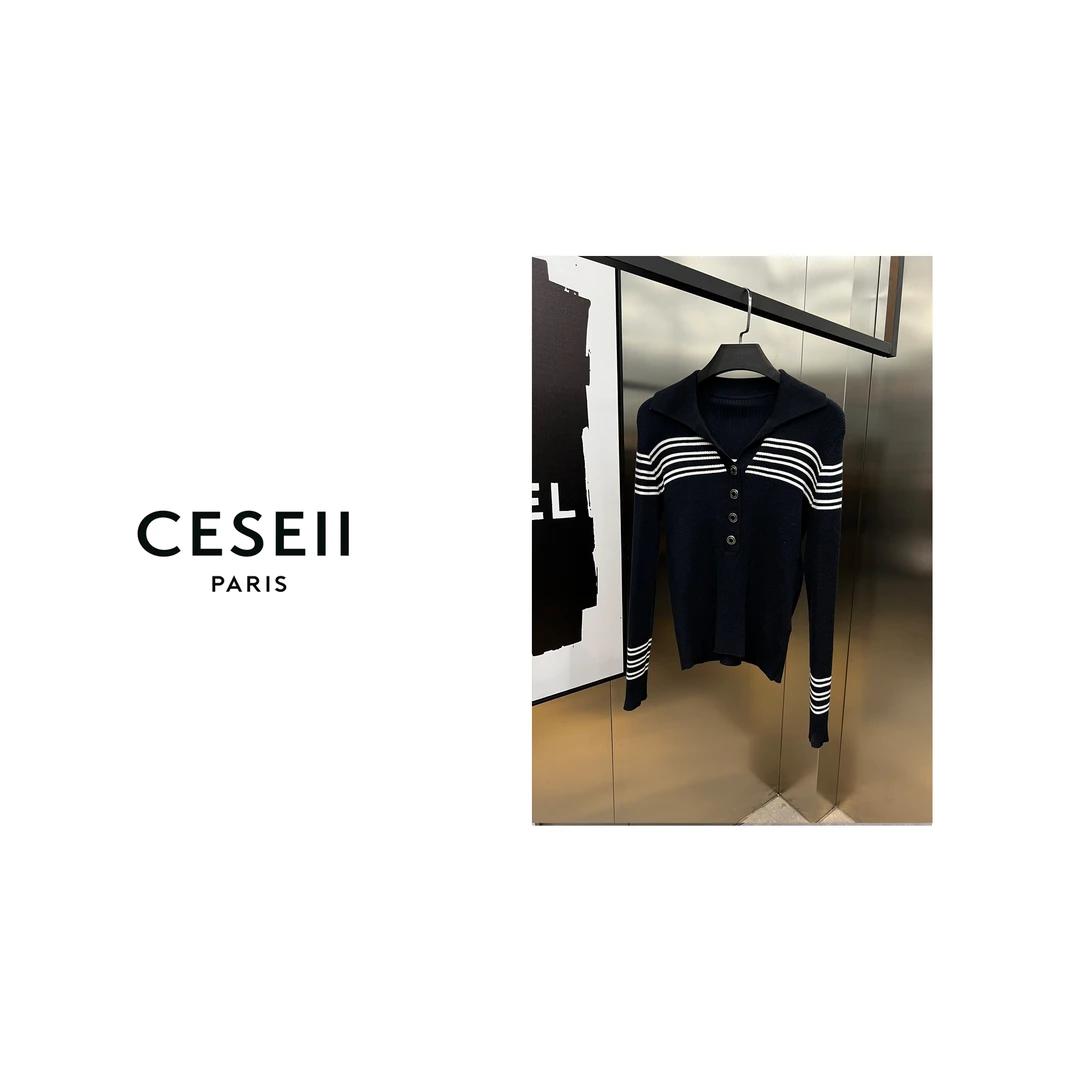 【XJ1343】CESEII时尚百搭细腻工艺翻领针织衫