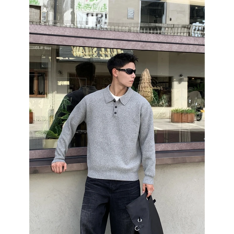 新款季秋冬翻领POLO衫老钱风纯色针织衫毛衣打底宽松韩版男装潮流