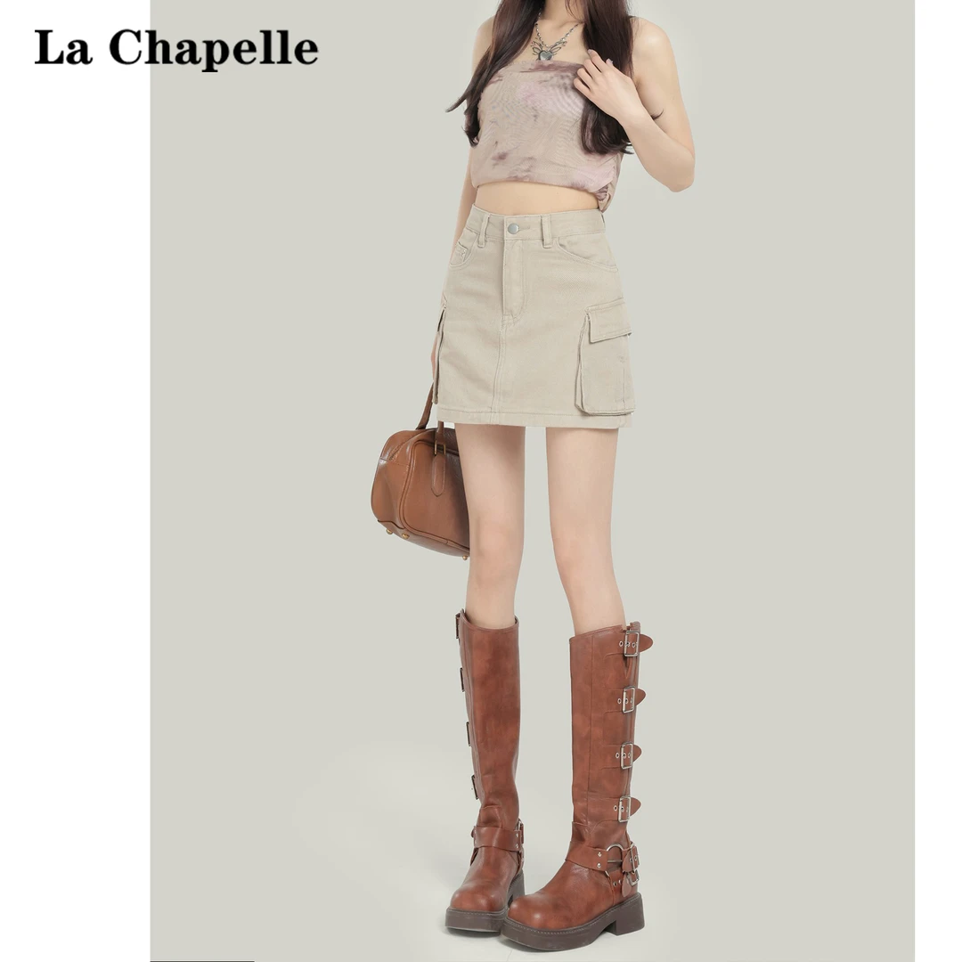 拉夏贝尔高腰工装牛仔半身裙女2025夏季薄款设计感a字包臀短裙子