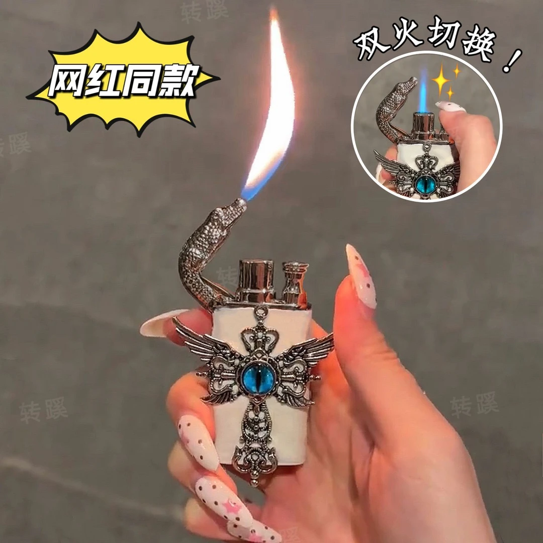网红蓝瞳羽翼KT猫双火切换防风打火机充气创意手作送男女友礼物潮