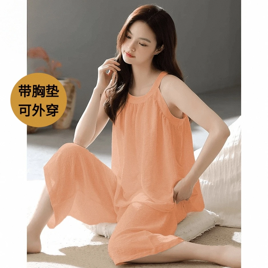 新中式带胸垫无袖女七分裤夏季睡衣家居服套装家居服薄款亲肤舒适