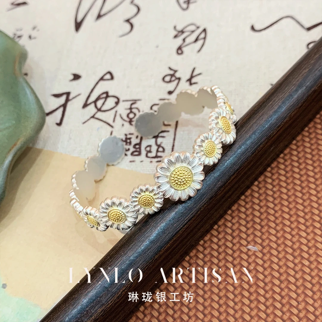 足银手镯 【琳珑银工坊】太阳花 国风新中式 足银999.9 女描金手镯