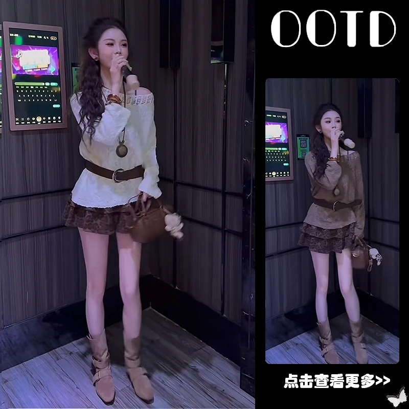 超火秋季穿搭一整套女2025新款露肩镂空针织衫高腰豹纹短裙两件套