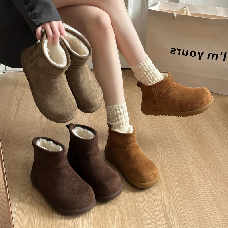 超火勃肯短靴女款冬季新款加绒加厚棉靴靴防滑软皮棉鞋百搭雪地靴