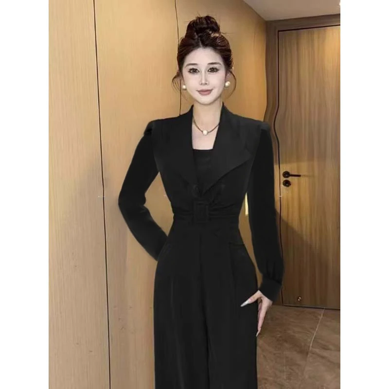 春秋时尚女高级感气质名媛小香风黑色长袖上衣高腰连体裤D3219
