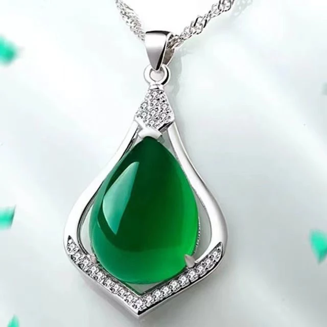 吊坠足银 项链990纯银绿色水滴镶嵌设计时尚百搭送妈妈婆婆礼物
