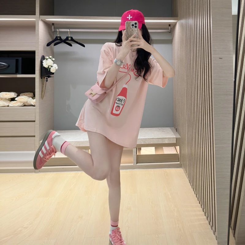 网红短袖粉色休闲t恤女夏季宽松中长款纯棉百搭时尚五一设计感