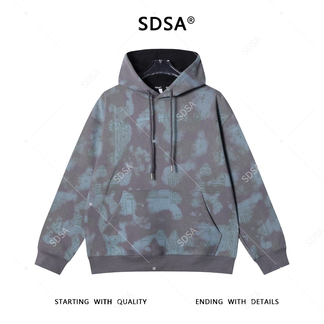 SDSA男士秋冬新款痞帅男装复古印花连帽卫衣流扎染宽松百搭情侣