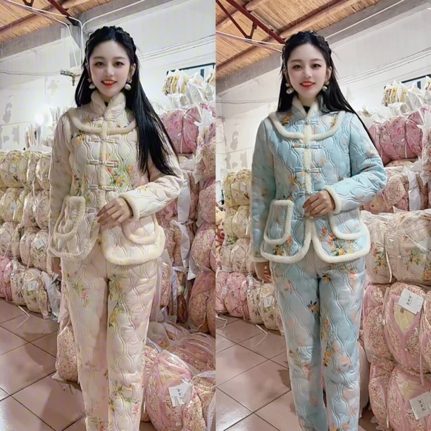 冬季女装棉服套装加绒加厚棉袄棉裤两件套民族风女士睡衣家居服