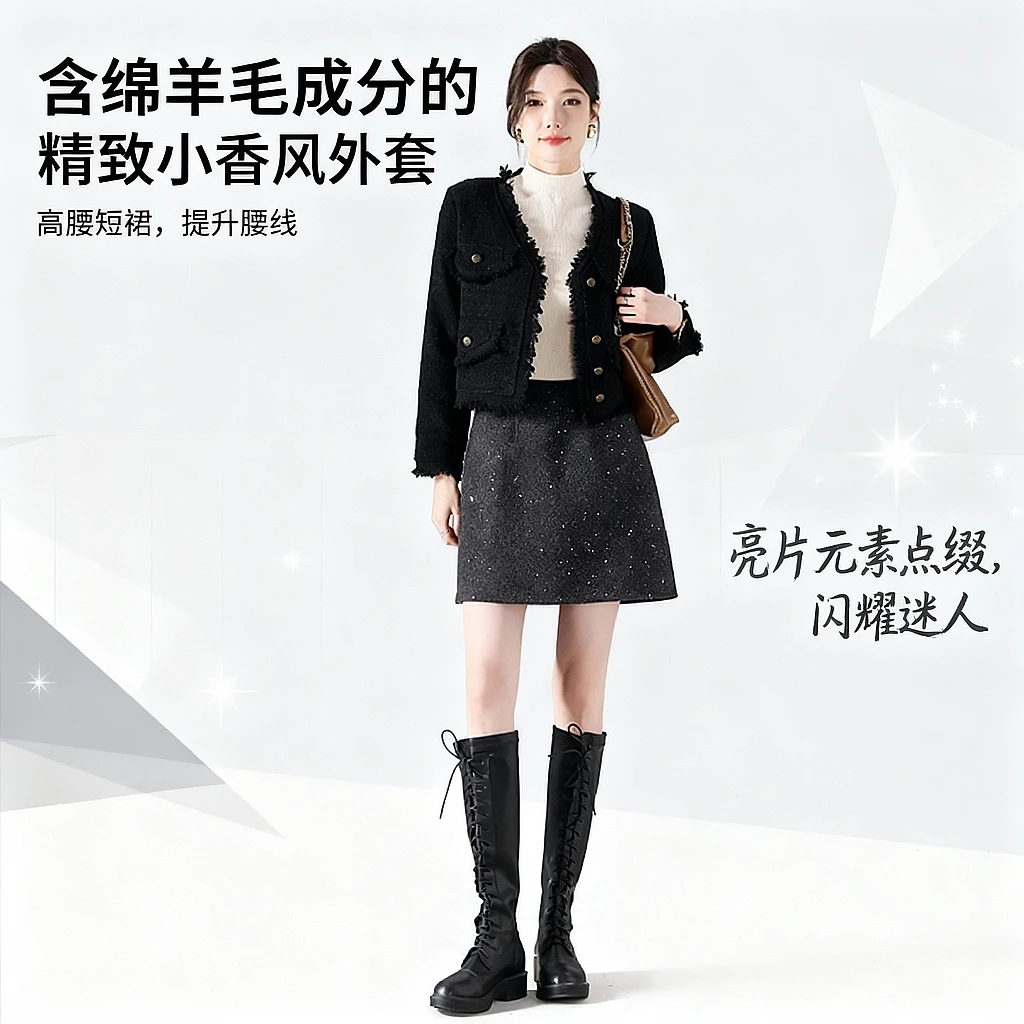 燕苹新款法式风气质显瘦高腰厚款绵羊毛A字版冬季半身裙ZQY24-152