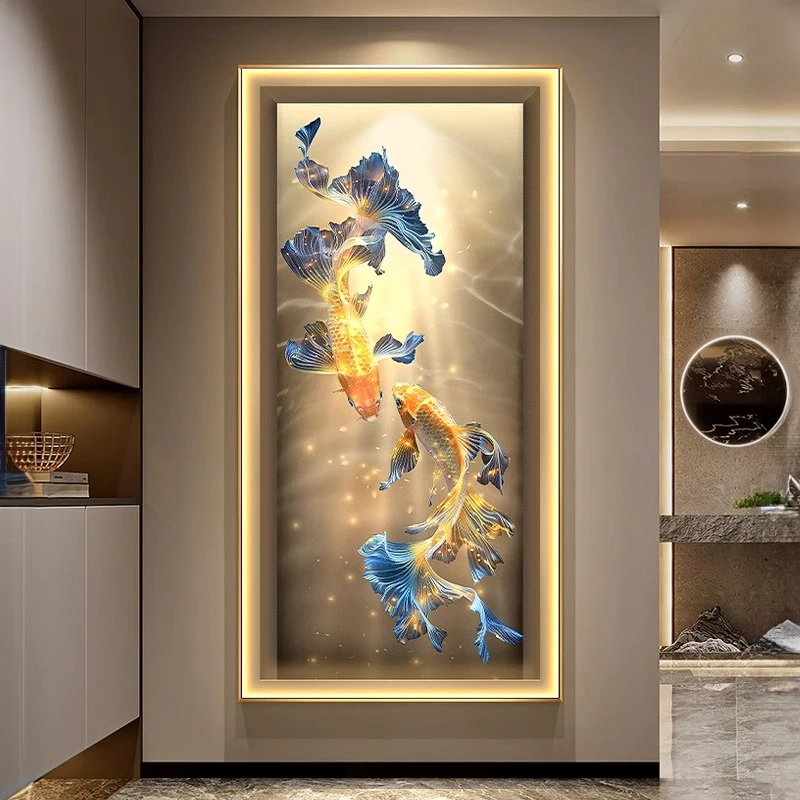 轻奢金色锦鲤玄关装饰画进门入户正对墙壁画走廊过道竖版带灯挂画