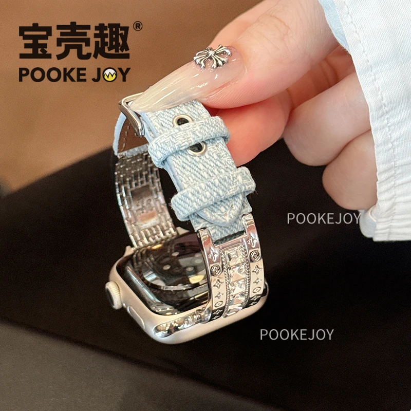 宝壳趣适用苹果applewatch11罗马数字表带s10/s9/s8拼皮表带通勤