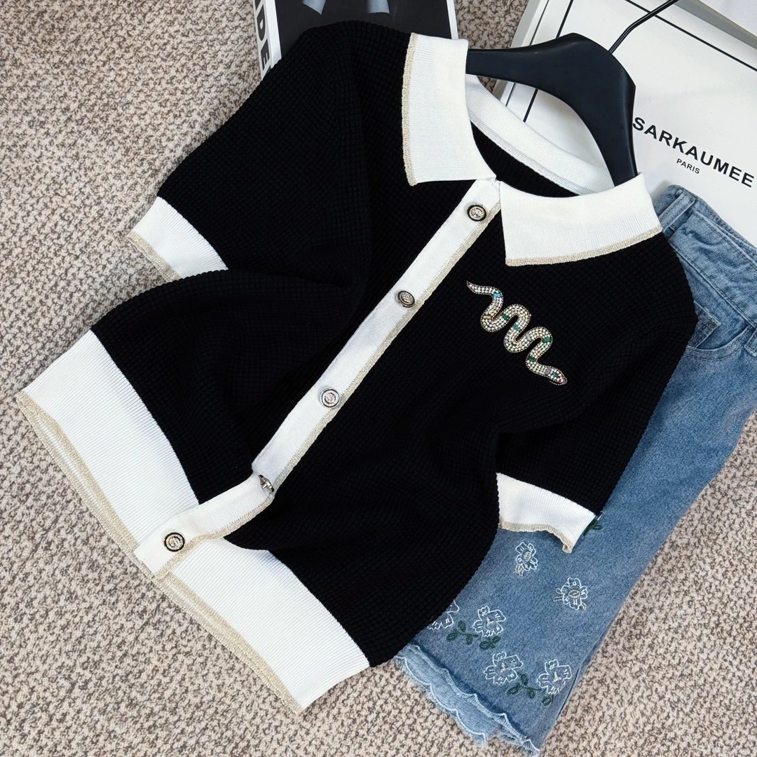 黑白针织金蛇系列休闲圆领重工透气上衣高级感时尚显瘦T恤DP6612