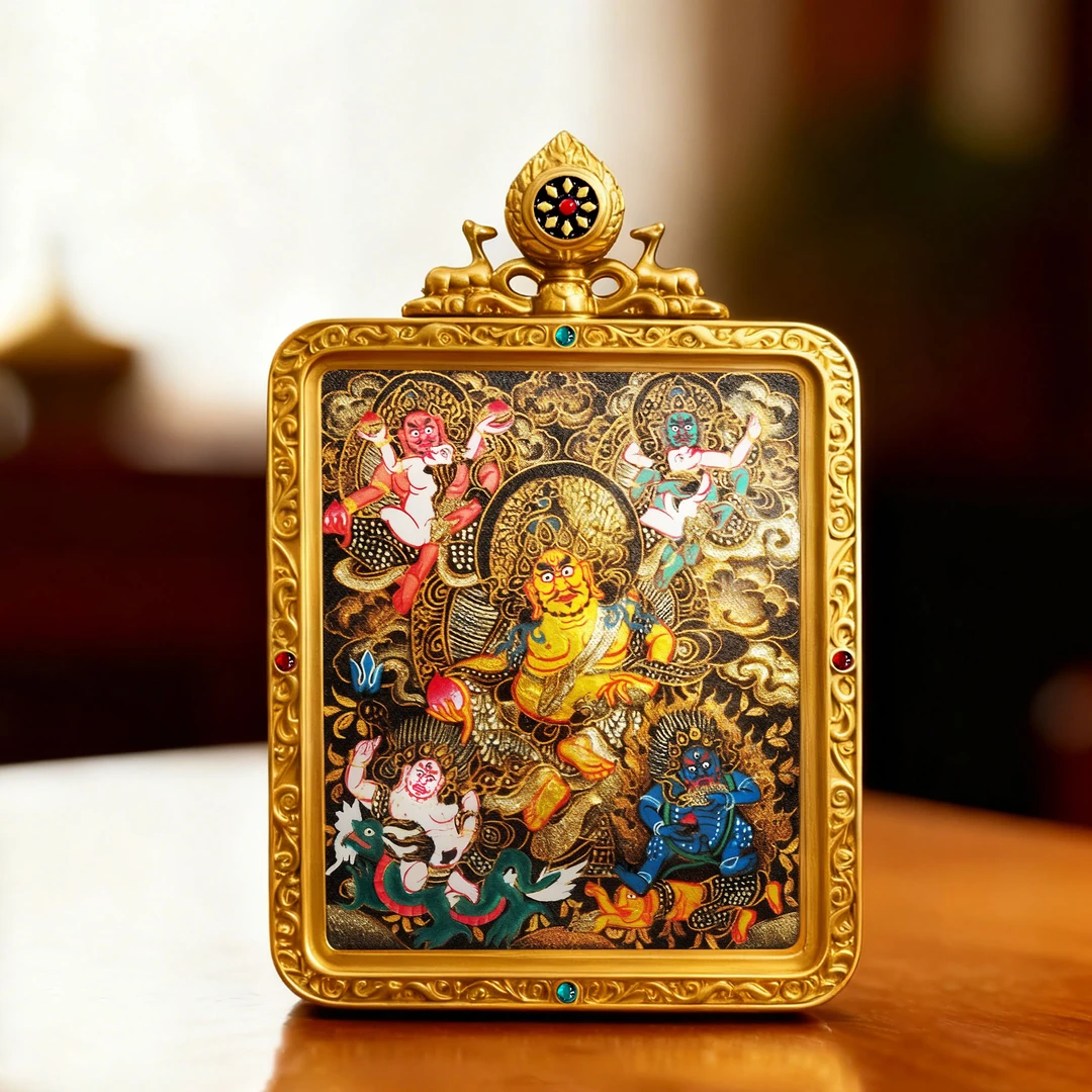 五路财神唐卡定制热贡黑金非遗传承人扎西多杰纯手绘唐卡吊坠