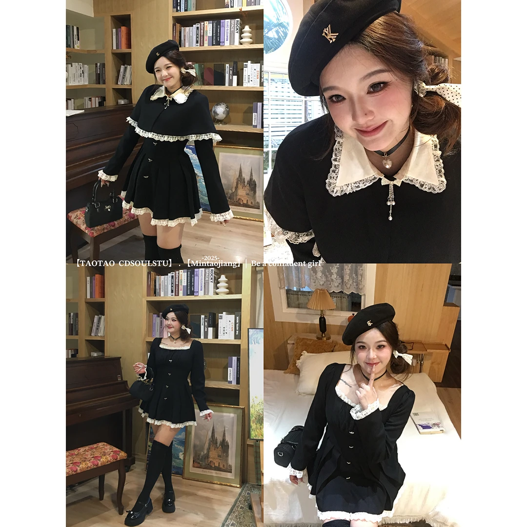 SWEET【莉安小姐】微胖留洋千金贵气花边蕾丝拼接收腰连衣裙+斗篷