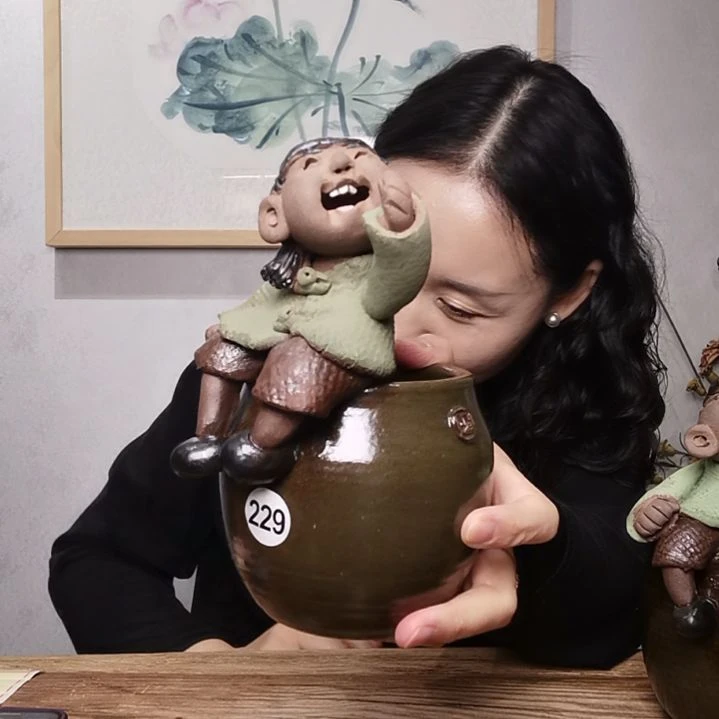 粗砂童趣系列作品花器收纳笔筒可*
