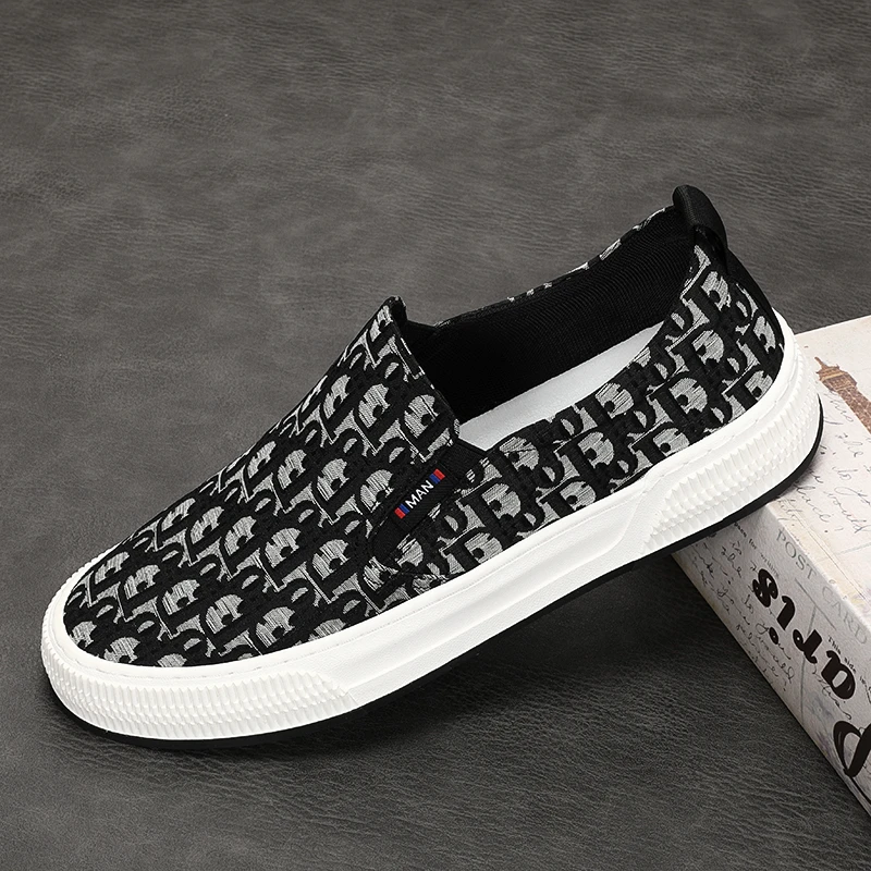 意式轻奢潮流手工帆布鞋男夏季薄款一脚蹬男鞋透气百搭花格英伦风