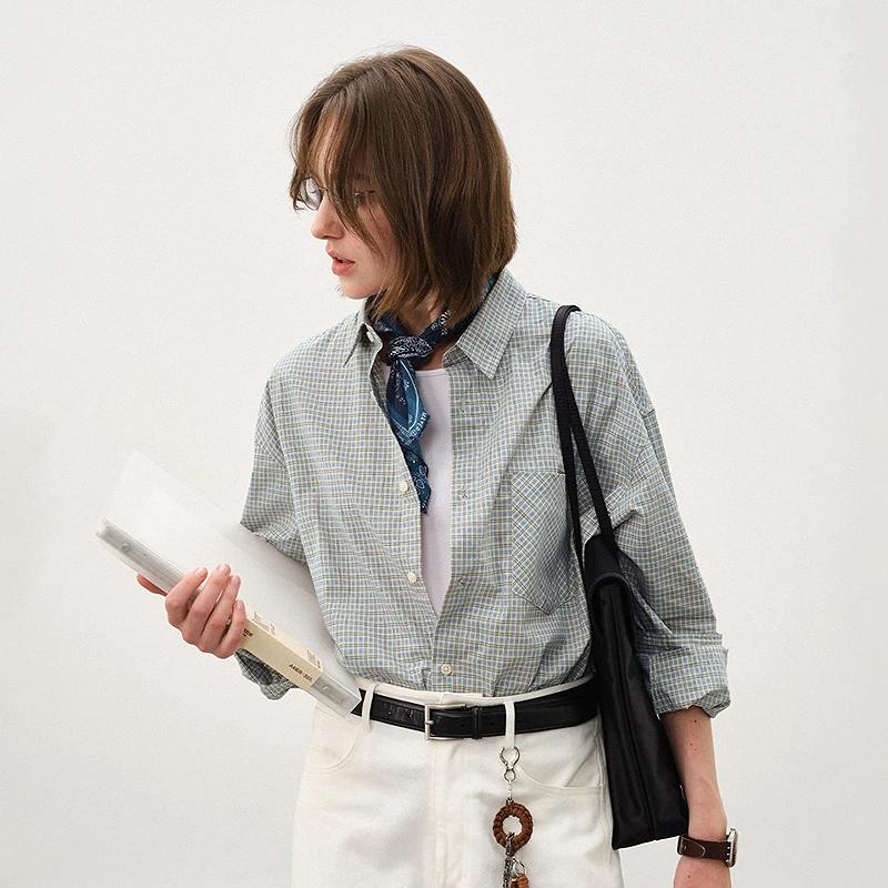 714street纯棉长袖miu系格子衬衫男2025秋季新款情侣衬衣521213