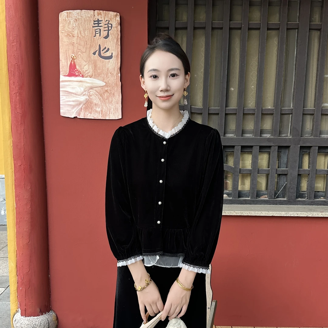 【秋玥】秋冬复古法式纽扣女装荷叶边洋气显瘦丝绒衬衫开衫