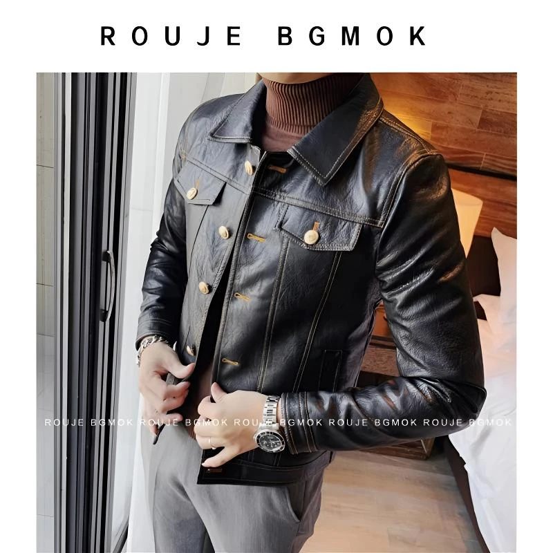 皮衣男士秋季新款痞帅高级皮夹克男装外套潮流帅气机车油蜡夹克