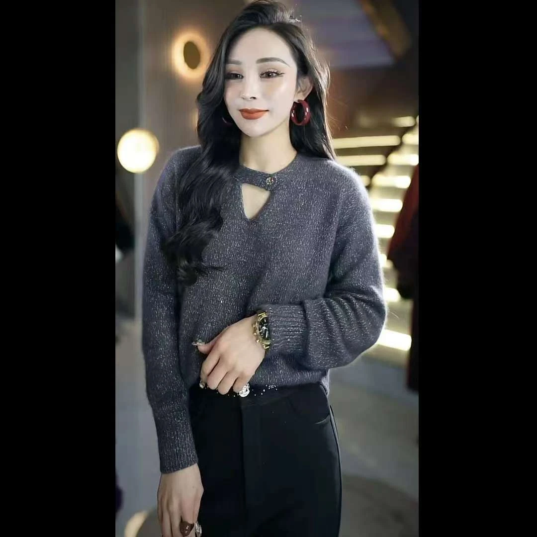 冬季时尚百搭加厚亮丝圆领镂空女士套头毛衫打底毛衣1m2892011