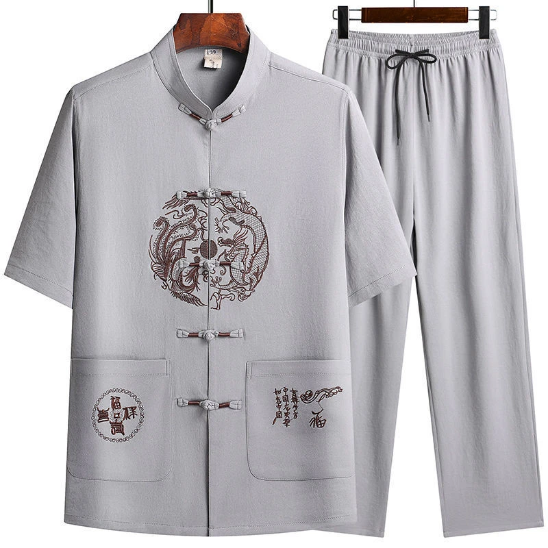 唐装男夏季短袖中老年人冰丝套装汉服男装夏装中国风爷爷装爸爸装