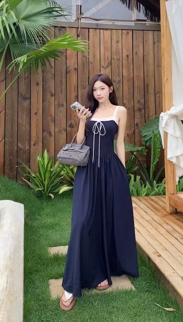 设计感蕾丝拼接绑带吊带连衣裙女装夏季小众别致显瘦长裙