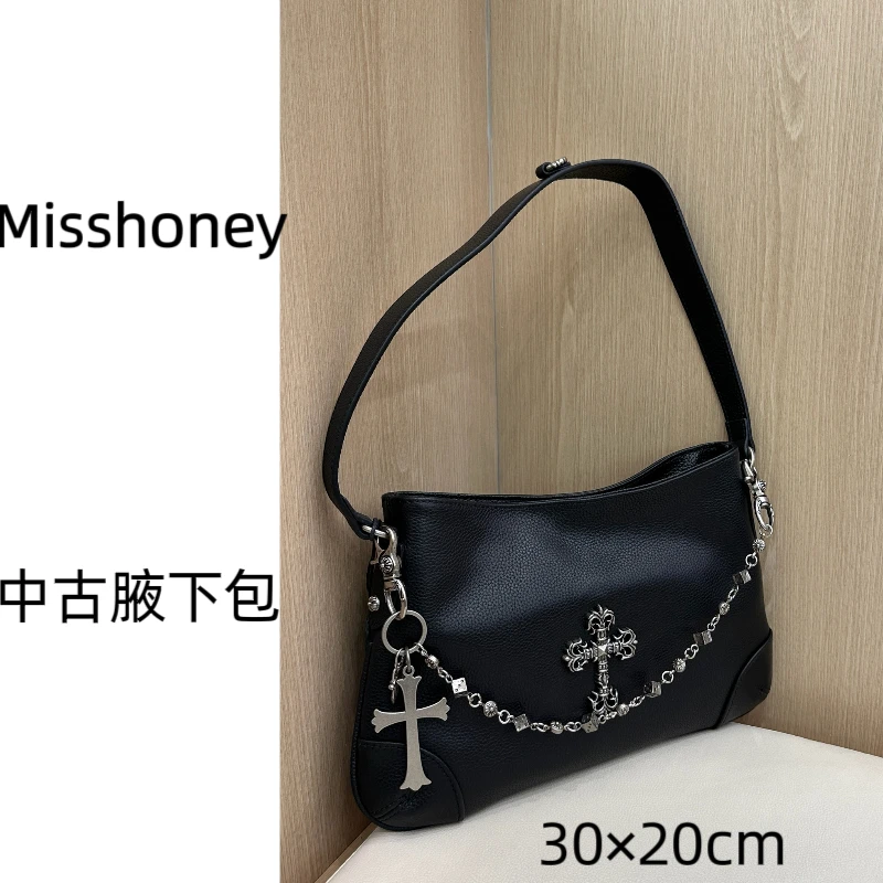 Misshoney 中古腋下包 头层牛皮百搭黑银简约大气轻奢休闲斜跨