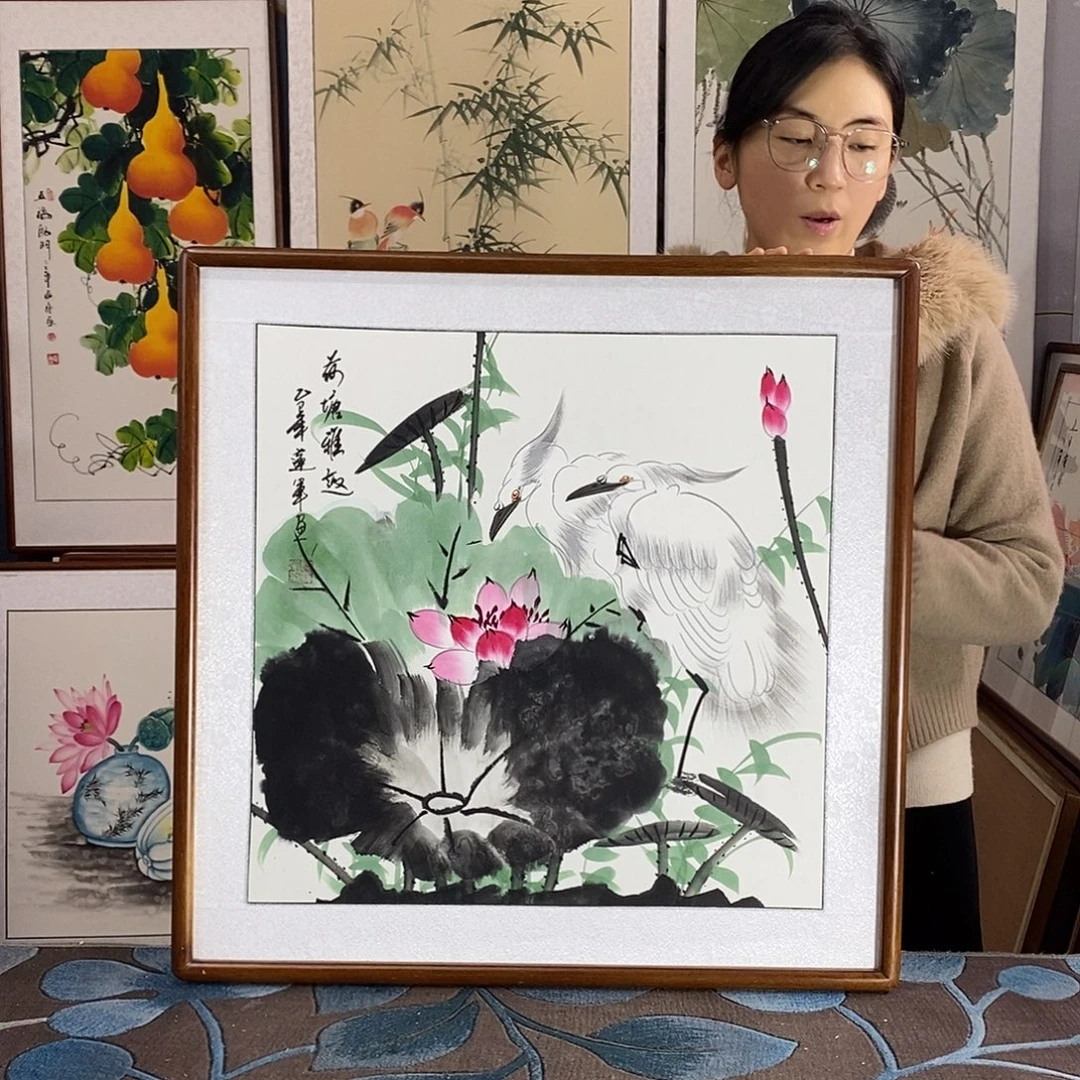 国画手写手绘国画作品带框包邮62✖️62