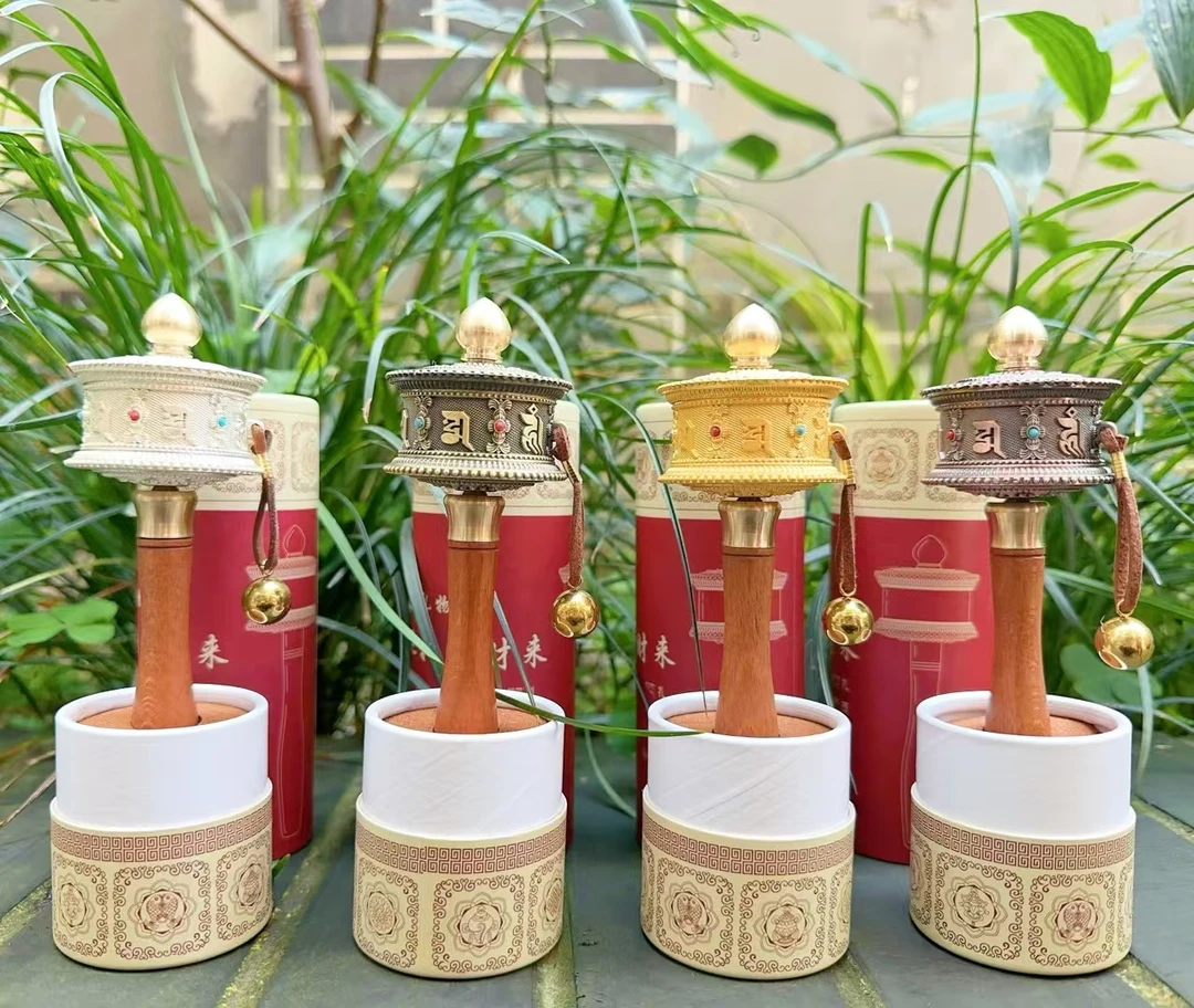 藏式迷你手摇转金轮桶合金嘛呢转金筒浮雕小号随身携带摆件咖铜色