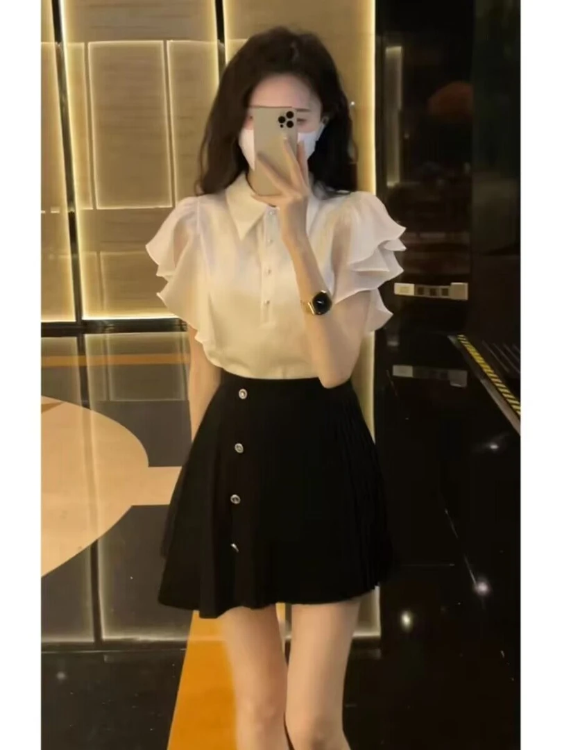 法式气质设计感白色荷叶边衬衫女夏季2025新款Polo领小飞袖上衣潮